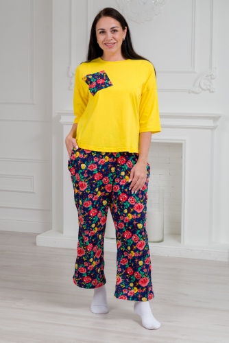 Пижама из джемпера и брюк из кулирки Жасмин красно-желтые цветы