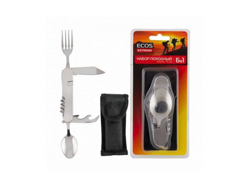 Набор походный 6 в 1 (нож, открывалка для бутылок, консервный нож, вилка, ложка, штопор) ECOS TS-06 арт. 006906
