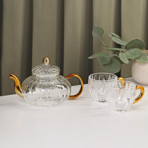 Набор чайный из стекла «Диана в золотом», 3 предмета: чайник 550 мл, 18×13×12 см, кружка 150 мл, 7×6,5 см