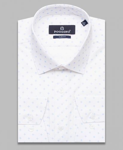 Белая приталенная мужская рубашка Poggino 7015-64 в ромбах с длинными рукавами