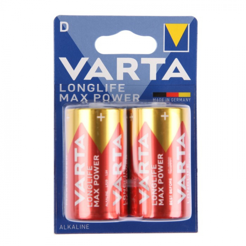 Батарейка алкалиновая Varta LONGLIFE MAX POWER, D, LR20-2BL, 1.5В, блистер, 2 шт.