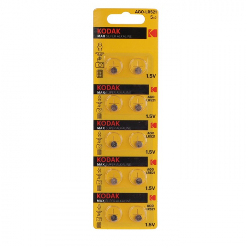 Батарейка алкалиновая Kodak Max, AG0 (LR521, 379, LR63)-10BL, 1.5В, блистер, 10 шт.
