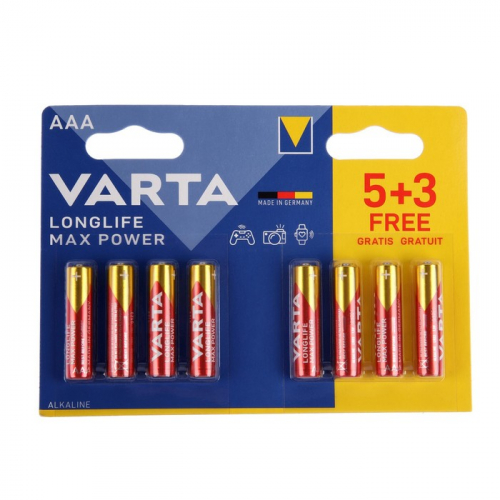 Батарейка алкалиновая Varta LongLife Max Power, AAA, LR03-8BL, 1.5В, блистер, 8 шт.
