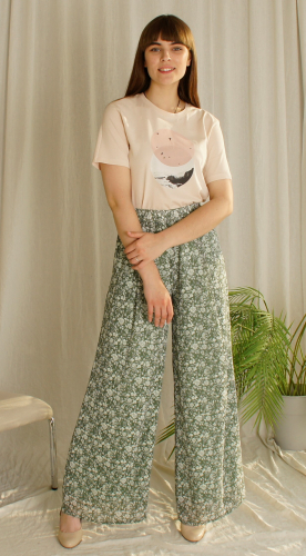 Юбка-брюки шифон зеленые с цветочками