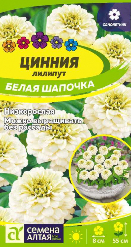 Цветы Цинния лилипут Белая Шапочка/Сем Алт/цп 0,3 гр.