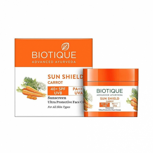 BIOTIQUE Sun shield carrot 40+spf sunscreen cream Солнцезащитный крем для лица с морковным маслом и экстрактом семян моркови 50г