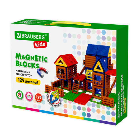 Магнитный конструктор MEGA MAGNETIC BUILD BLOCKS-129 “Построй дом“, 129 деталей, BRAUBERG KIDS, 663850