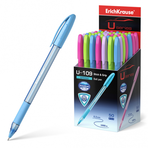 Ручка шариковая ErichKrause® U-109 Spring Stick&Grip 1.0, Ultra Glide Technology, цвет чернил синий (в коробке по 50 шт.)