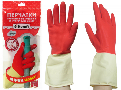 Перчатки латексные сверхпрочные Биколор L (белый+красный) Komfi