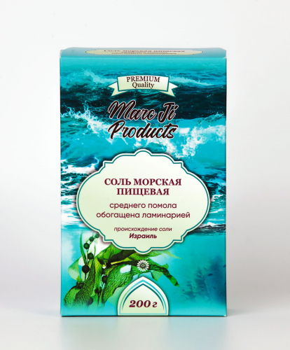 Соль морская пищевая среднего помола обогащенная ламинарией / 200 г / коробка/ Marc Ji Products™