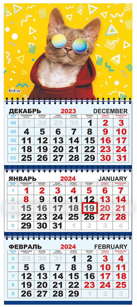 Трехблочный календарь на 2025 год распечатать Квартальный календарь на 2024 год Кот в очках КТ-24-193 (в упаковке). Белая воро