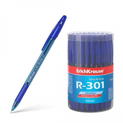 *12р. 17р.Ручка шариковая ErichKrause® R-301 Original Stick&Grip 0.7, цвет чернил синий (в тубусе по 60 шт.)