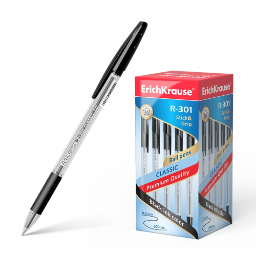 Ручка шариковая ErichKrause® R-301 Classic Stick&Grip 1.0, цвет чернил черный (в коробке по 50 шт.)