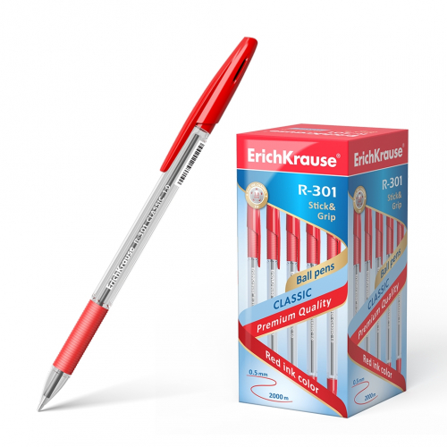 Ручка шариковая ErichKrause® R-301 Classic Stick&Grip 1.0, цвет чернил красный (в коробке по 50 шт.)