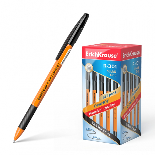 Ручка шариковая ErichKrause® R-301 Orange Stick&Grip 0.7, цвет чернил черный (в коробке по 50 шт.)
