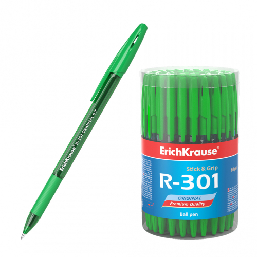 Ручка шариковая ErichKrause® R-301 Original Stick&Grip 0.7, цвет чернил зеленый (в тубусе по 60 шт.)