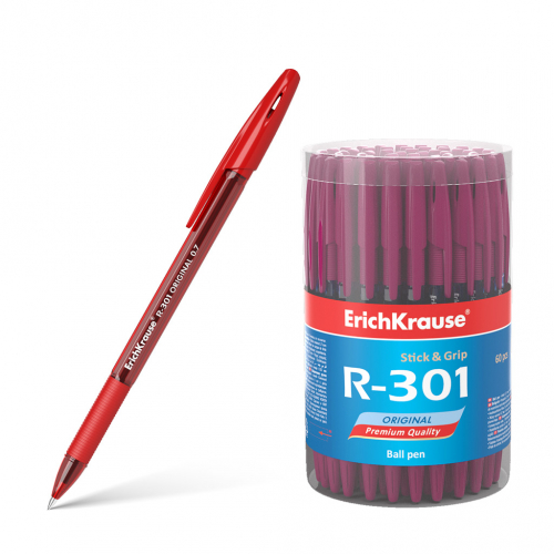 *12р. 17р.Ручка шариковая ErichKrause® R-301 Original Stick&Grip 0.7, цвет чернил красный (в тубусе по 60 шт.)