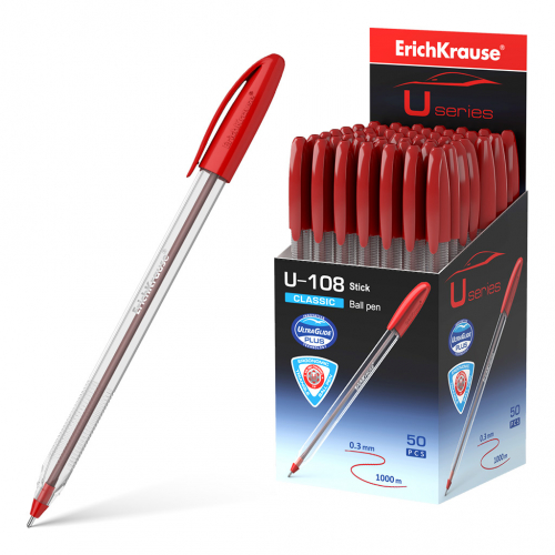 Ручка шариковая ErichKrause® U-108 Classic Stick 1.0, Ultra Glide Technology, цвет чернил красный (в коробке по 50 шт.)