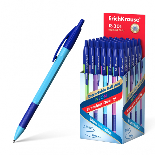 Ручка шариковая автоматическая ErichKrause® R-301 Neon Matic&Grip 0.7, цвет чернил синий (в коробке по 50 шт.)