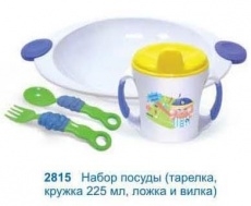 Набор посуды (тарелочка, кружка 225мл, ложечка и вилочка)