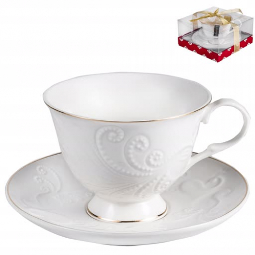 Набор чайный (2),ГРАЦИЯ,чашка 220мл+блюдце, белый рельеф. рисунок с золотом, под. упак. PVC