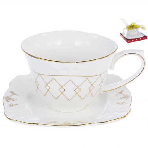 Набор чайный (2),ГРАЦИЯ,чашка 225мл+блюдце,белый с золотом,квад. под. упак. с окном и бантом