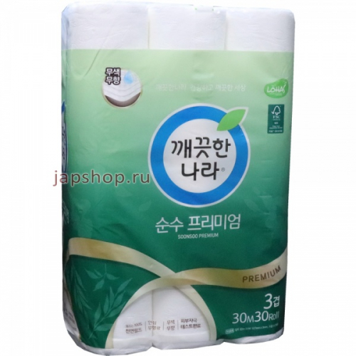 Soonsoo Premium Туалетная бумага трехслойная с повышенной впитываемостью, с тиснёным рисунком, 30 м х 30 рулонов (8801260112616)