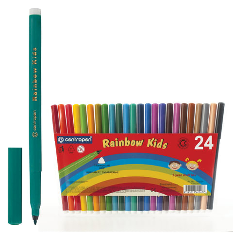 Фломастеры CENTROPEN “Rainbow Kids“, 24 цвета, смываемые, эргономичные, вентилируемый колпачок, 7550/24