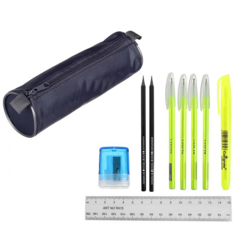 Набор канцелярский 10 предметов (Пенал-тубус 65 х 210 мм, ручки 4 штуки цвет синий , линейка 15 см, точилка, карандаш 2 штуки, текстовыделитель), серый