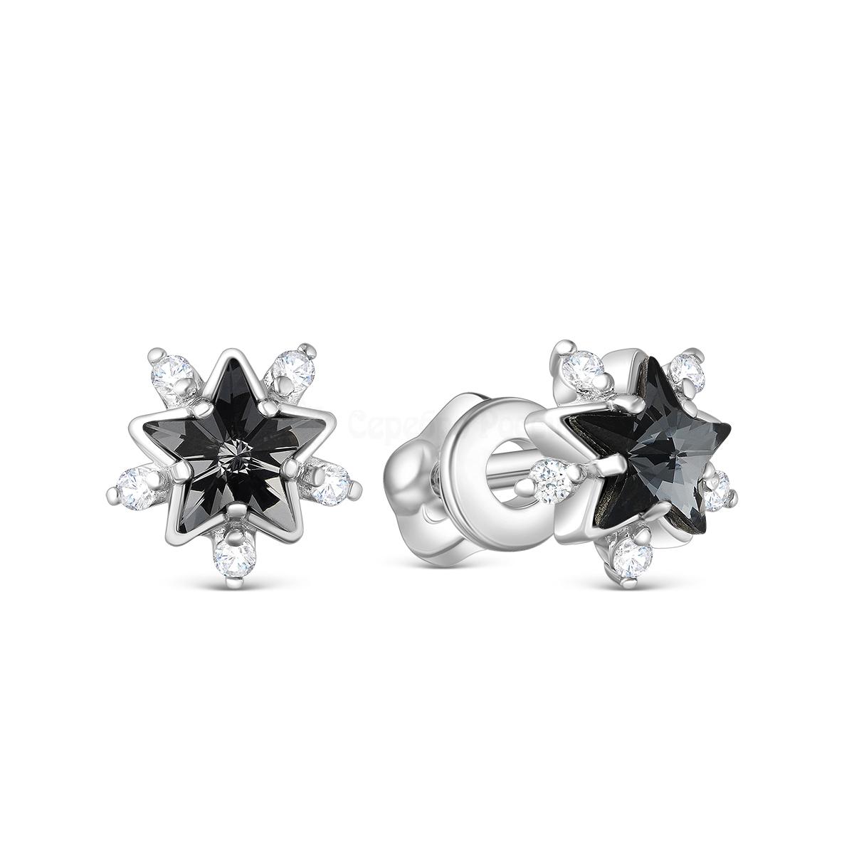 Серьги-пусеты из серебра с кристаллом премиум Австрия цв.Серебряная ночь и фианитами родированные 925 пробы с-1009-1-001SINI