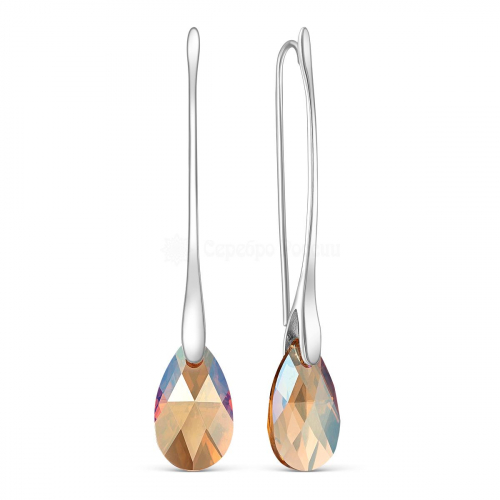 Серьги женские длинные из серебра с кристаллом премиум Австрия цвета Сияющий оранжевый родированные
