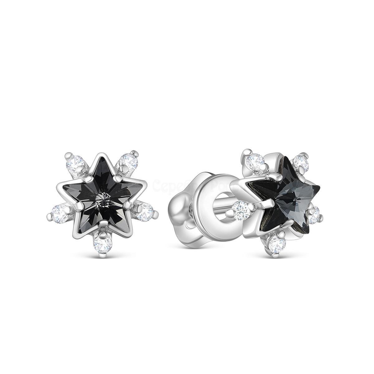 Серьги-пусеты из серебра с кристаллом премиум Австрия цв.Серебряная ночь и фианитами родированные 925 пробы с-1009-1-001SINI