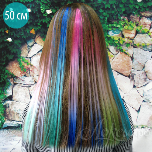 Цветные пряди волос на заколках. Светло-рубиновый+Сиреневый+Персиковый. 1 шт.