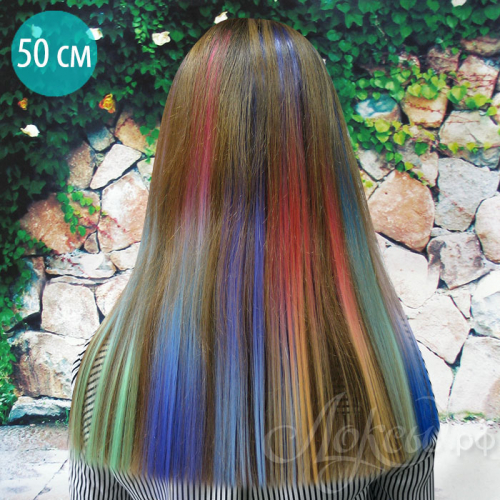 Цветные пряди волос на заколках. Светло-рубиновый+Сиреневый+Персиковый. 1 шт.