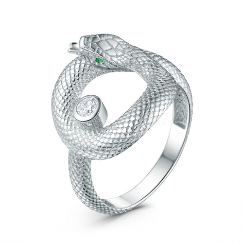 Кольцо из серебра с фианитами родированное - Змея