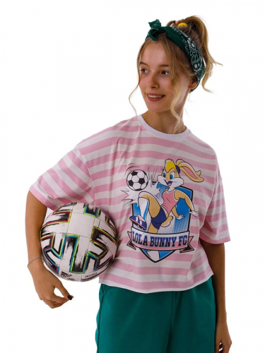 101809_OLG Футболка для девочки белый в полоску нежно-розовую (вар.1)