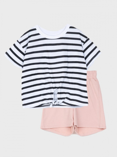 102558_OLG Комплект(футболка, шорты) для девочки бело-графитовая полоса//розовый (вар.2)