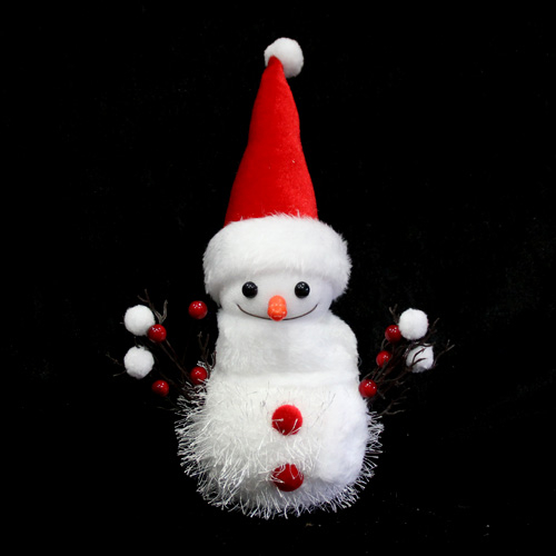 Новогодняя декорация снеговик 30 см с красной шапочкой