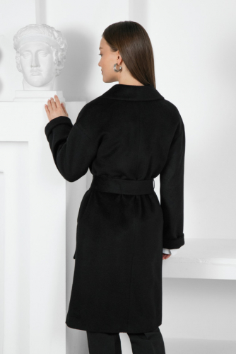 Шерстяное пальто халатного типа с английским воротником, черное. Арт.297