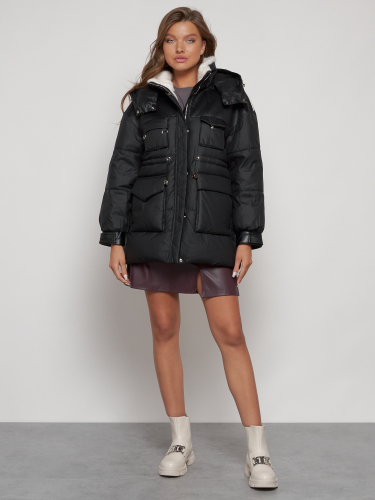 Куртка зимняя женская модная с капюшоном черного цвета 13338Ch