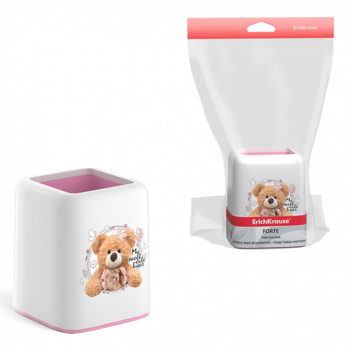 Подставка настольная пластиковая ErichKrause® Forte, Teddy Bear, белая с розовой пастельной вставкой