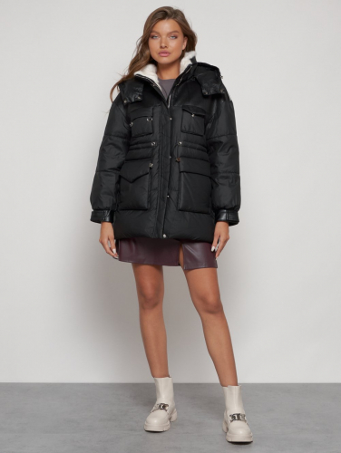 Куртка зимняя женская модная с капюшоном черного цвета 13338Ch