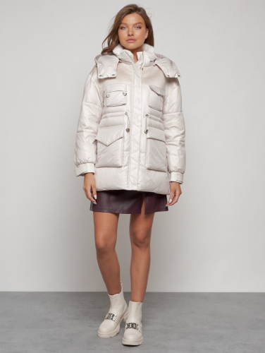 Куртка зимняя женская модная с капюшоном бежевого цвета 13338B