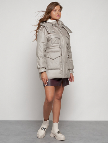 Куртка зимняя женская модная с капюшоном светло-коричневого цвета 13338SK