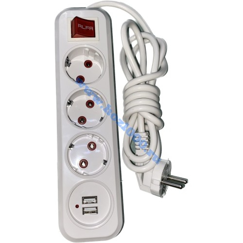 Удлинитель с заземлением и с кнопкой+USB (10/16A 250V -2P+) 3гн.х2м. №188