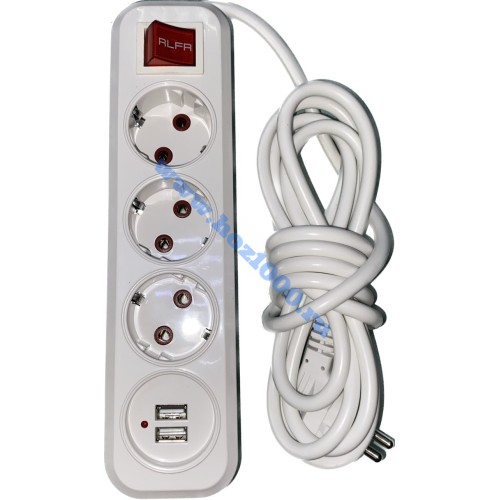 Удлинитель с заземлением и с кнопкой+USB (10/16A 250V -2P+) 3гн.х3м. №189