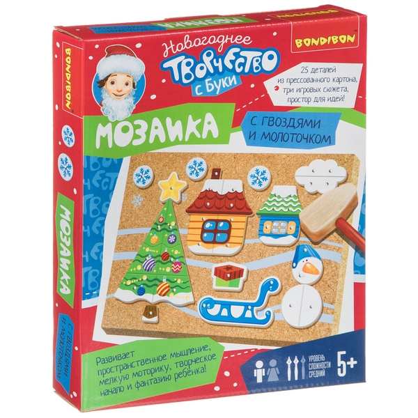 771 р. 1185 р. Новогодний набор для творчества BONDIBON. Мозаика с гвоздями и молоточком (прессованный картон).