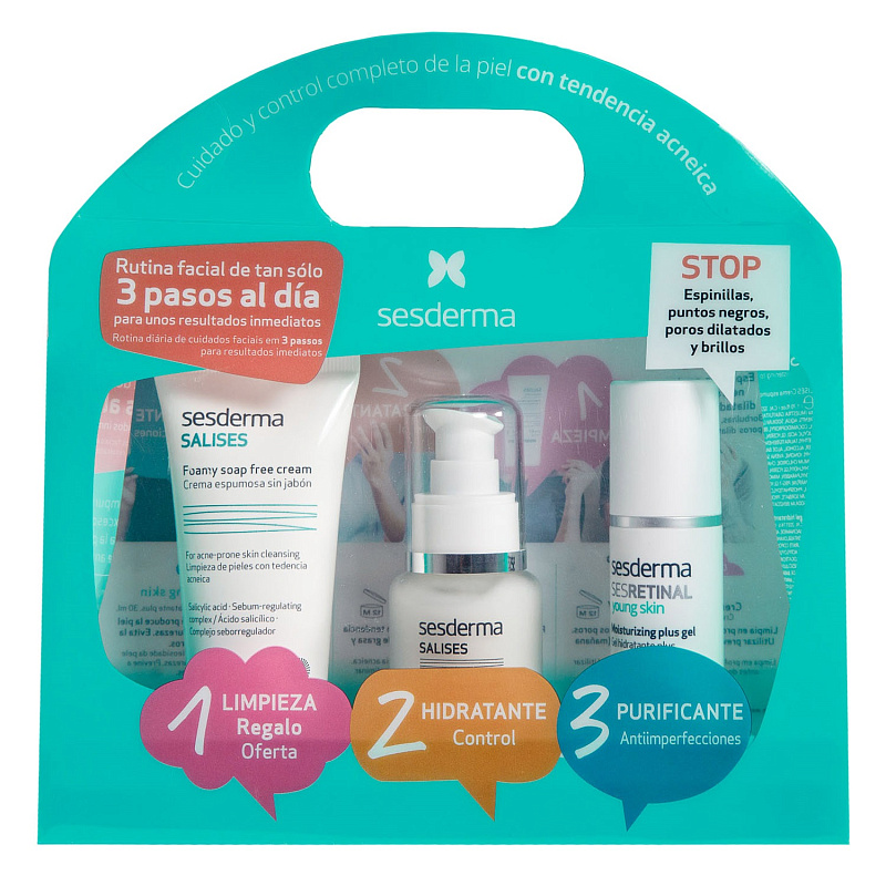 SESDERMA Набор Анти Акне Salises Antiacne Pack - Salises Facial (пенящийся крем для умывания 50 мл + увлажняющий крем-гель 50 мл + интенсивный гель для молодой кожи Young Skin 30 мл)