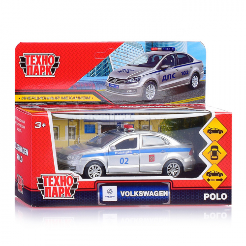 Машина металл Volkswagen Polo Полиция 12 см, (двер, баг, серебр) инерц, в коробке