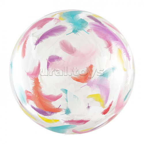 Шар (18''/46 см) Deco Bubble, Разноцветные перья, Прозрачный, Кристалл, 1 шт. в уп.